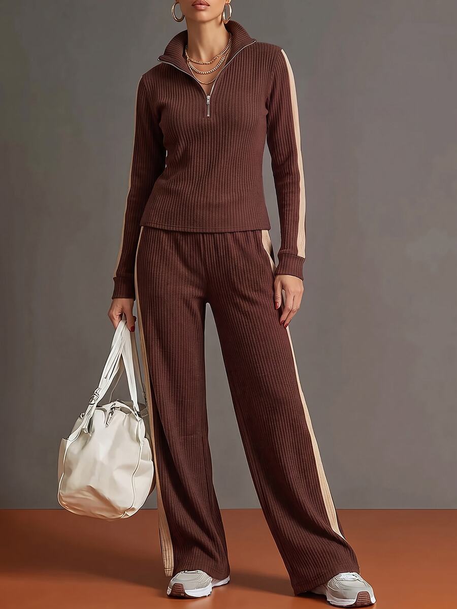 Omancia Caramel Coffee Color Knitted Set For Women, Ribbed Slimming Contrast Color Tape Flared Pants, Fashionable Casual 2 Pieces Set - Coffee Brown - View 1