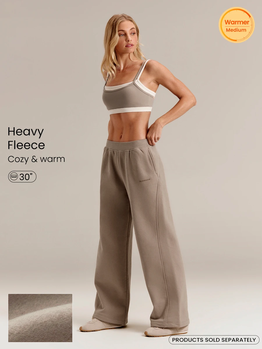 GLOWMODE 30" Heavyweight Fleece Cozy Routine Straight-Leg Sweatpants With Elastic Waist & Side Pockets Daily Casual Fall Winter Outdoor Wear - Khaki - View 1