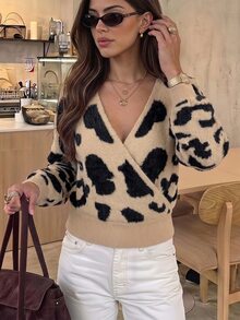 Serisse Women Leopard Print V Neck Cross Front Long Sleeve Ribbed Hem Knit Sweater Pullover,Collar Animal Print Sweater,Elegant Casual Fall Winter Top - Multicolor - View 6
