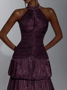 Elitara Elegant Coffee Brown Shiny Satin Stand Collar Backless Multi-Layer Ruffle A-Line Evening Gown - Coffee Brown - View 6