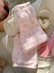 Comfortcana Women's Fluffy Snowflake & Geometric Pattern Long Pants, Comfortable For Home Wear - Pink - View 6