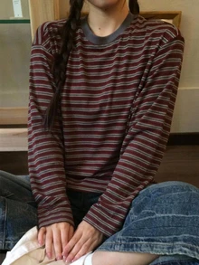 DAZY Teen Girl Korean Style Striped Color Block Long Sleeve T-Shirt - Brown - View 2