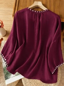 EMERY ROSE Plus Size Heavy Embroidery Comfortable Linen Mid-Length Sleeve Shirt - Burgundy - View 2