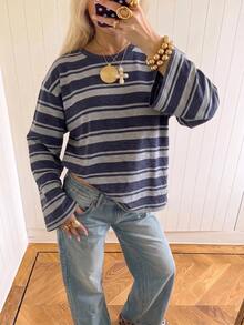 SHEIN EZwear 女款休閒街頭風長袖條紋T恤，秋季上衣，適合日常通勤、日常外出、聖誕節、新年，藍白條紋 - 彩色 - 查看 7