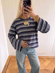 SHEIN EZwear 女款休閒街頭風長袖條紋T恤，秋季上衣，適合日常通勤、日常外出、聖誕節、新年，藍白條紋 - 彩色 - 查看 4