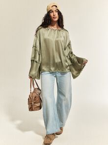 SHEIN Kemeja Lengan Panjang Wanita Warna Abu-Hijau Musim Gugur, Gaya Bohemian Pedesaan Santai, Siluet A-Line Bahu Longgar, Leher Bulat dengan Lipatan Terintegrasi. - Hijau - View 3