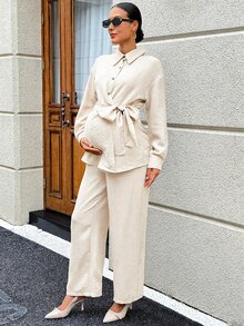 SHEIN 孕婦紋理長袖上衣與可調腰長褲 2 件套裝 - 杏色 - 查看 5
