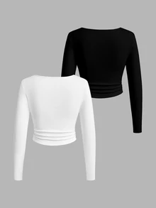 SHEIN LUNE 2-Pack Of Women's Solid Color Square Neck Long-Sleeved Ruched Casual T-Shirts - White - View 2
