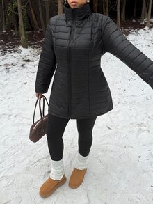 Muchica Plus Size Women's Solid Color Stand Collar Long Sleeve Zipper Front Winter Thick Coat - Black - View 5