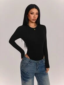 SHEIN PETITE 女款純色休閒日常長袖連身衣 - 黑色 - 查看 4