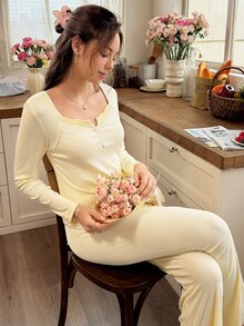 Snug Reverie Pale Yellow Romantic Lace Trim Square Neck Long Sleeve Long Pants Pajama Set - Yellow - View 3