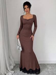 SHEIN Elenzya Gaun Wanita Polos Tanpa Punggung, Model Lengan Panjang Pas Badan - Aprikot - View 4
