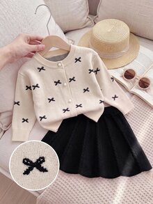 Baby Girl Round Neck Bow Faux Pearl Button Decor Long Sleeve Sweater And Autumn Skirt Set - Khaki - View 1