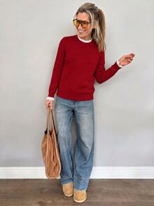 Sprig & Strand Spring/Summer Casual Comfortable Elegant Women's Knit Top, Solid Color Long Sleeve Pullover With Small Round Neck And Lace Patchwork, Office Commute Sweater - Red - View 5
