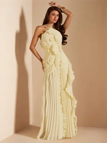 SHEIN BAE 春夏女款粉色掛脖百褶精緻開衩高衩洋裝，婚禮賓客禮服，情人節洋裝，粉色洋裝 - 黃色 - 查看 5