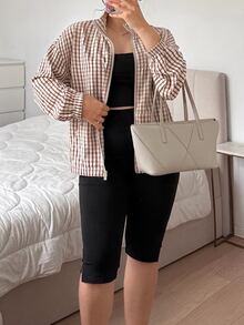 SHEIN EZwear 大尺碼女款格紋立領夾克，都市文藝街頭風，休閒時尚，創意個性街頭穿搭秋季款 - 彩色 - 查看 3