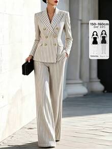 SHEIN PETITE Complete 2 Pieces Striped Suit Set For Petite Women, Matching Fabric Top And Bottom Design, Blending Professional Commuter Style With Vintage Fashion, Suitable For Office, Business Meetings, And Casual Wear, Combining Formal And Looks - Black and White - View 1