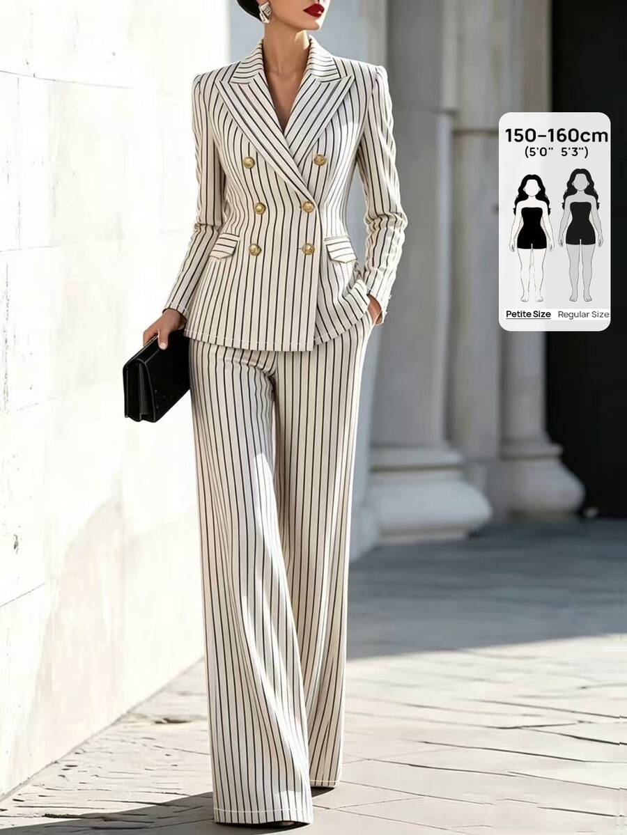 SHEIN PETITE Complete 2 Pieces Striped Suit Set For Petite Women, Matching Fabric Top And Bottom Design, Blending Professional Commuter Style With Vintage Fashion, Suitable For Office, Business Meetings, And Casual Wear, Combining Formal And Looks - Black and White - View 1