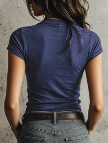 SHEIN Half-Zip Stand Collar T-Shirt With A Blend Of Sharp And Casual Style, Metal Zipper Detail Adds Sophistication. Slim Fit Conforms To Body Shape, Rolled-Up Short Sleeves For A Crisp Look, Suitable For Various Occasions, Effortlessly Creating A Bold And Chic Style. - Navy Blue - View 2
