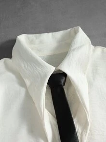 ROMWE MEN 男士寬鬆版型領帶長袖休閒襯衫 - 杏色 - 查看 2