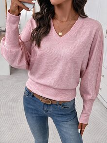 Editum 女款V領蝙蝠袖長袖休閒運動衫 - 粉色 - 查看 4