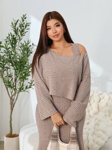 Solflare 大尺碼女款秋冬美人魚尾裙與不對稱單肩上衣兩件套 - 杏色 - 查看 7