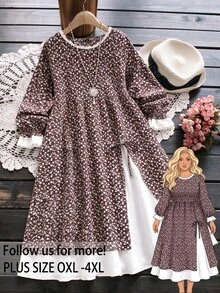 Rusticease Plus Size Brown Ruffle Trim Layered Knotted Round Neck Long Sleeve Dress 1920 Vintage Casual Fall Winter Going Out Wedding Guest Vacation - Grey - View 1