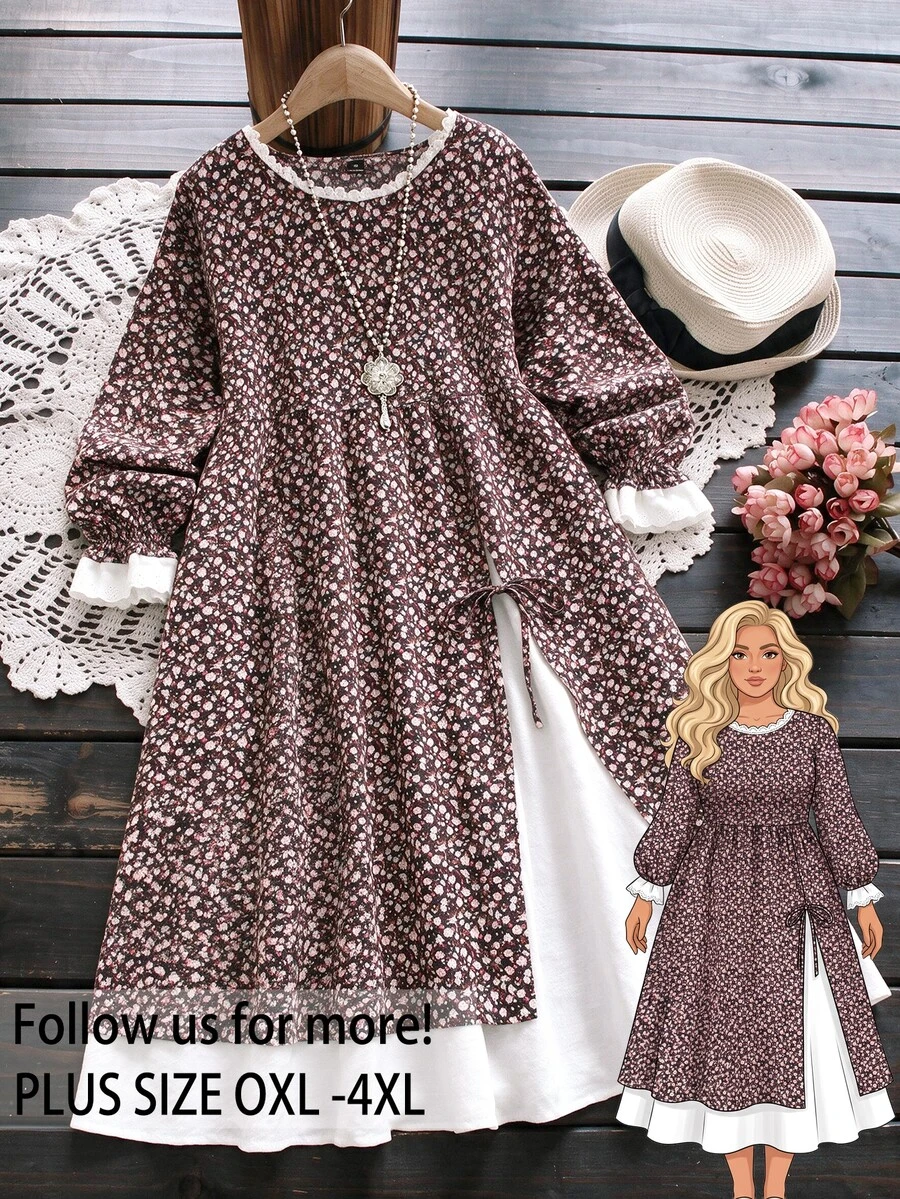 Rusticease Plus Size Brown Ruffle Trim Layered Knotted Round Neck Long Sleeve Dress 1920 Vintage Casual Fall Winter Going Out Wedding Guest Vacation - Grey - View 1