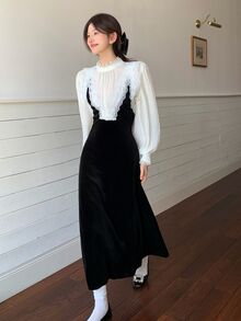 DAZY فستان نسائي من المخمل والدانتيل بتصميم رقعات على الطراز الكوري بطبقات متعددة بطول متوسط، خريف/شتاء - الأسود - مشاهدة 9