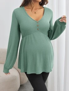 SHEIN Maternity Button-Front Long Sleeve V-Neck Loose Fit T-Shirt - Green - View 5