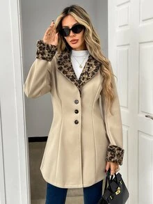 Elyressa معطف نسائي خريف/شتاء بتصميم رقعات وطبعة نمر وياقة طية وأكمام طويلة وأزرار مفردة من مزيج الصوف - لون مشمشي - مشاهدة 4