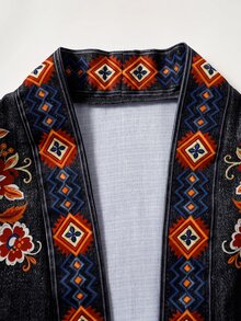 Rusticease Plus Size Women's Spring/Autumn Geometric Pattern Bell Sleeve Jacket, Fashion Creative Personalized, Suitable For Vacation - Black - View 4