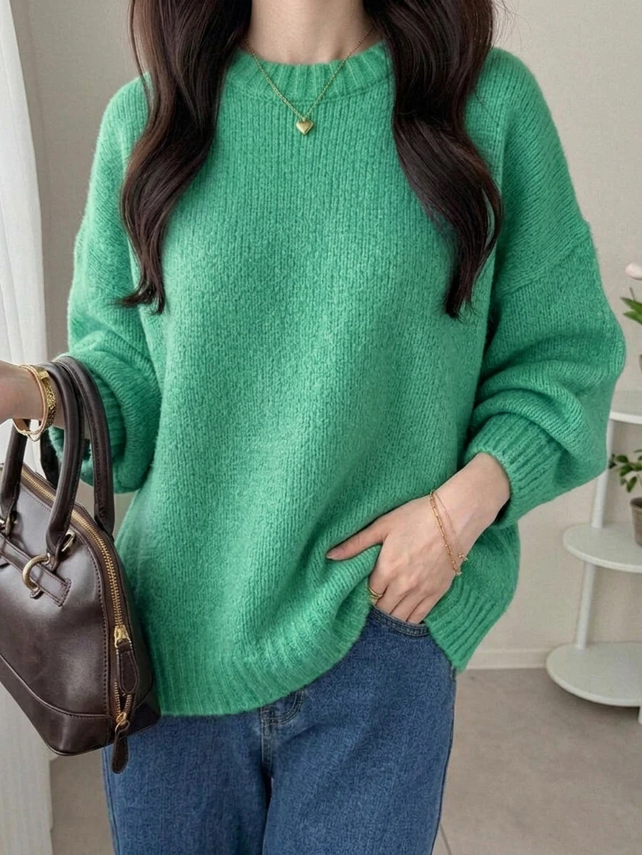 DAZY 女款純色圓領落肩長袖休閒寬鬆套頭毛衣 - 綠色 - 查看 1