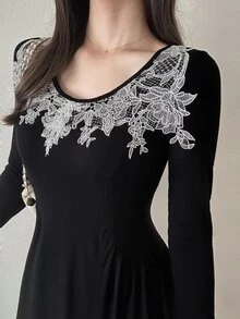 FRIFUL Women's Round Neck Embroidered Long Sleeve Solid Color Midi Dress Dinner Tea Party Date Night Black And White Fall French Lace Mature Elegant - Pearl White - View 5