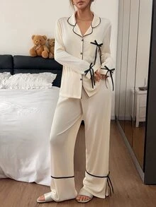 Napfluff Comfortable Ribbed Fabric Tie Bow Design Casual Outfit Set Classic Lapel Long Sleeve Long Pants Set - Apricot - View 7