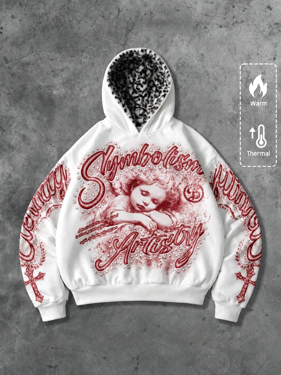 ROMWE MEN Men's Printed Pattern Loose Hoodie Streetwear Vintage - White - View 1