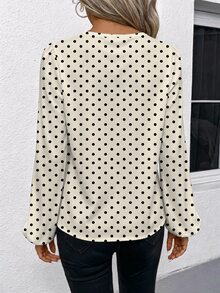 SHEIN LUNE Simple Solid Color V-Neck Lantern Sleeve Casual Blouse For Women, Suitable For Spring & Fall - Multicolor - View 3