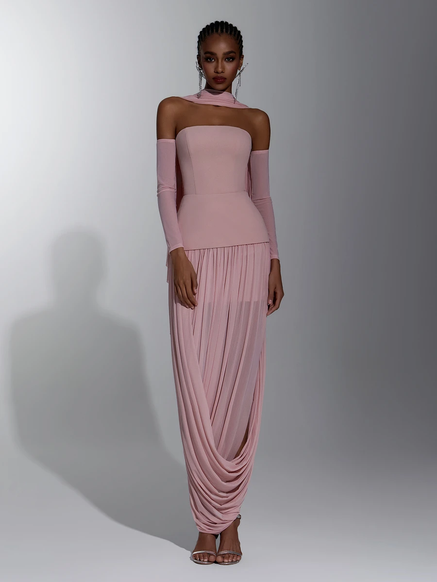 Elitara Elegant Minimalist Lotus Pink Knit Mesh Tube Top 2 In 1 Asymmetrical Ruched Hem Bridesmaid Dress - Dusty Pink - View 1