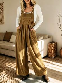 Zayélia Women's Autumn Solid Color Pocket Design Pleated Wide Leg Overall Jumpsuit - Khaki - View 3