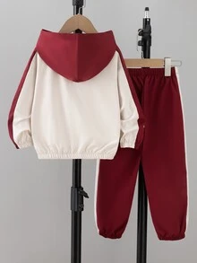 SHEIN 2件組男童休閒拼接色連帽衛衣與長褲套裝，運動戶外秋季款 - 紅色 - 查看 2