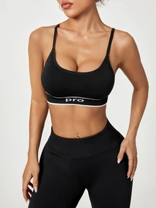 Easithlete Easithlete 1pc Adjustable Spaghetti Strap Design, Colorblock Minimalist European & American Style, Suitable For Yoga, Jogging, Daily Wear Women's Sports Bra - Black - View 4