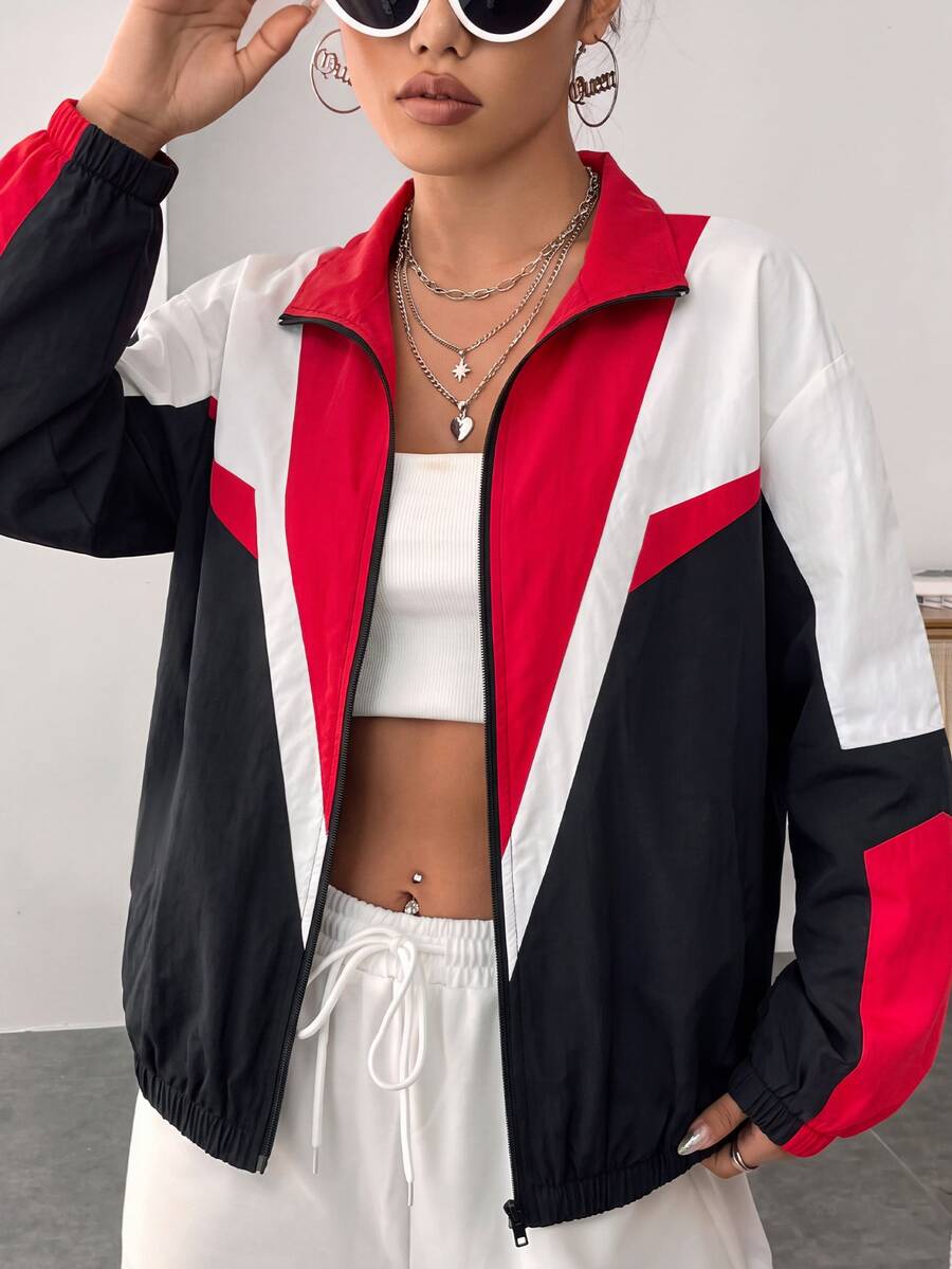 SHEIN EZwear 女款休閒拼色寬鬆前拉鍊長袖薄款夾克,杏色風格運動外套,秋冬服飾,適合日常通勤、聚會、夏季、聖誕節、新年、感恩節、派對、婚禮、海灘、出遊、約會、情人節,優雅度假 Y2K 風格 - 彩色 - 查看 1