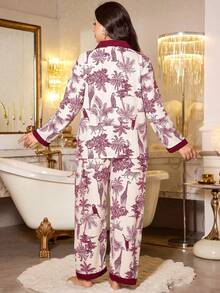 MuseNap CURVE Contrast Color Lapel Tropical Plant & Animal Print Plus Size Pajama Set - Burgundy - View 2