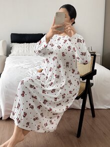 Napfluff CURVE Napfluff CURVE Cute Christmas Hat & Teddy Bear Print Skin-Friendly Fleece Ribbed Crew Neck Long Sleeve Plus Size Nightgown - White - View 3