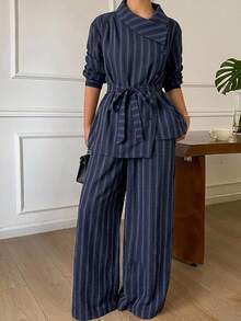 DAZY Women's Striped Collared Long Sleeve Shirt And Loose Straight Leg Pants Casual 2 Pieces Set - Navy Blue - View 6