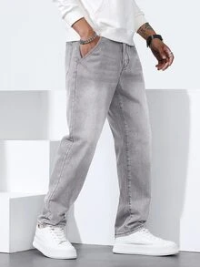 QuarKem Men's Washed Grey Semi-Elastic Waist Straight Leg Jeans - Grey - View 2