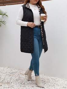 Lounesse Jaket Musim Dingin Tanpa Lengan Kasual Wanita Ukuran Besar Motif Leopard dengan Lapisan Dalam dan Resleting Depan, Mantel Kasual untuk Harian Wanita, Mantel Kerja Kasual Musim Gugur/Musim Dingin - Hitam - View 4