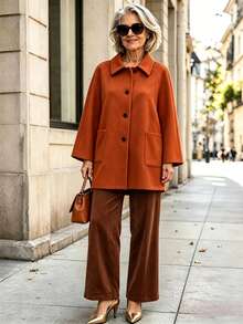 Offisola Women's Autumn/Winter Versatile Solid Color Elegant Vintage Noble Loose Casual Daily Commute Party Jacket - Rust Brown - View 5