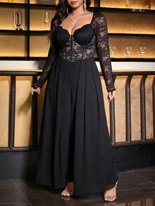 Reflora Plus Size Black Lace High Elasticity Party Wedding Guest Cocktail Formal Jumpsuit Halloween Fall Sexy Elegant - Black - View 4