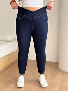 SHEIN PETITE CURVE Women's Plus Size Casual Skinny Jeans - Blue - View 1